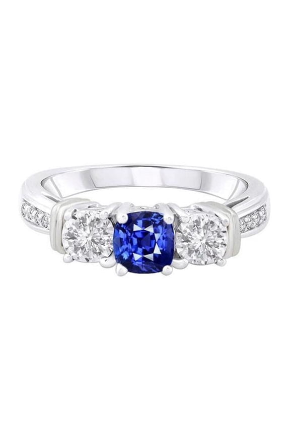 Enterprises 68363 Gold Gemstone Cushion 2.50 CT 3 Stone Style Diamond Sapphire Ring, Size 6.5