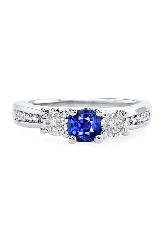 Enterprises 68370 Round Diamond Cushion Sapphire 2 CT 3 Stone Style Gemstone Ring, Size 6.5
