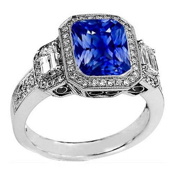 Harry Chad Enterprises 68396 4 CT Halo Radiant Milgrain Shank Baguette Diamonds Sapphire Ring, Size 6.5