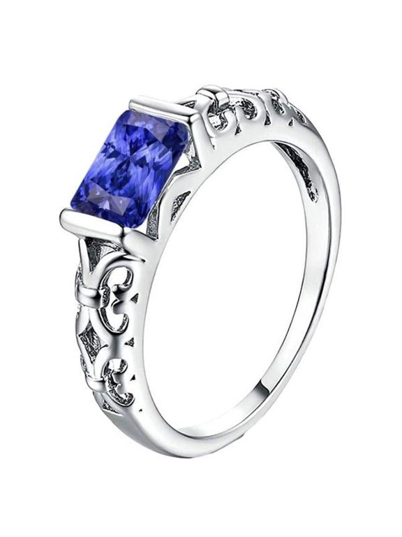 Enterprises 68398 2 CT Solitaire Radiant Bar Set Blue Antique Style Sapphire Ring, Size 6.5