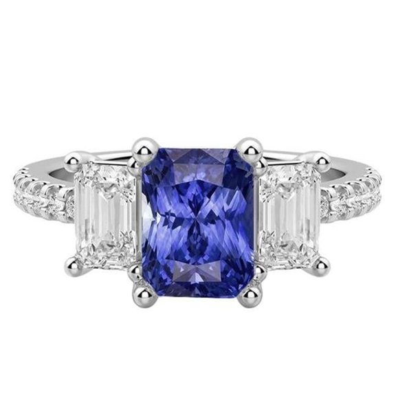 Harry Chad Enterprises 68409 4 CT 3 Stone Style Emerald Diamond Blue Radiant Cut Sapphire Ring, Size 6.5