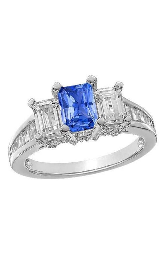 Enterprises 68425 3 CT 3 Stone Emerald Diamond Blue Channel Set Accents Sapphire Ring, Size 6.5