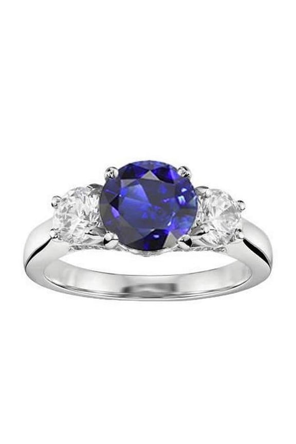 Enterprises 68471 2 CT Three Stone Round Natural Blue Sapphire & Diamonds Ring, Size 6.5