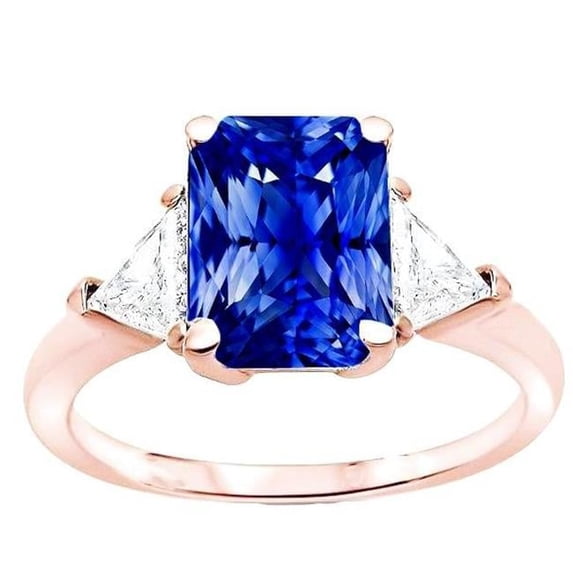 Harry Chad Enterprises 68499 3 CT Trillion Diamond 3 Stone Radiant Sapphire Rose Gold Ring, Size 6.5