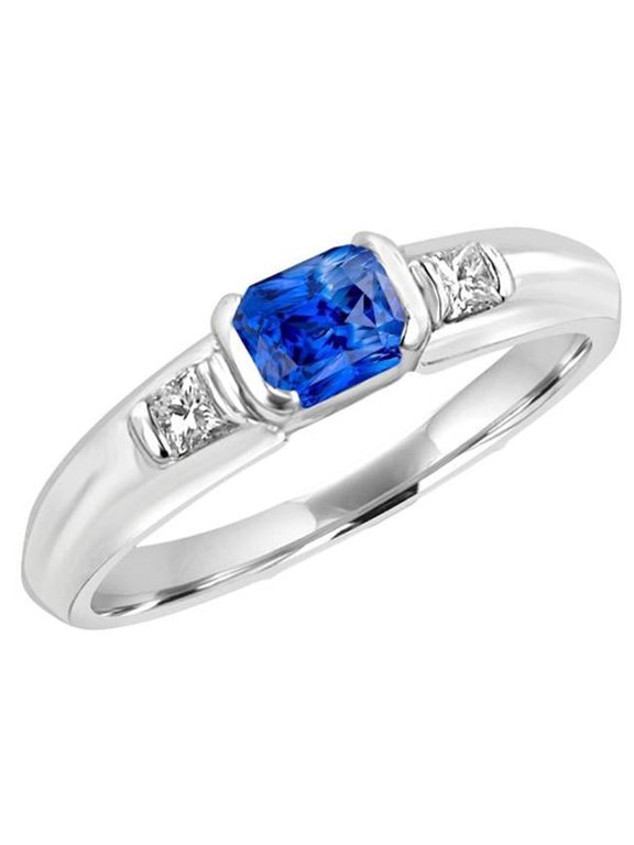 Enterprises 68528 1.75 CT Princess Diamond Gold Bar Set Blue Sapphire Gemstone Ring, Size 6.5
