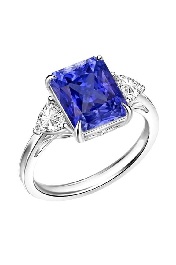 Enterprises 68535 Blue Sapphire Trilliant Diamond 3 Stone 3 CT Trellis Setting Ring, Size 6.5