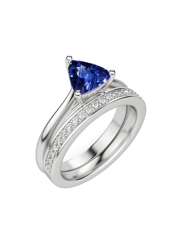 Enterprises 68601 1.50 CT Diamond Engagement Ring Set with Trillion Ceylon Sapphire, Size 6.5
