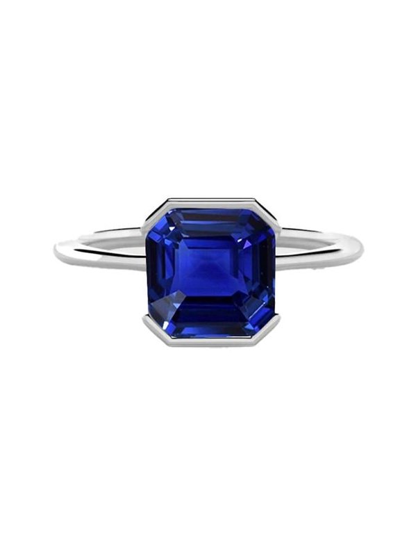 Enterprises 68627 Gold 2 CT Asscher Ceylon Sapphire Half Bezel Set Solitaire Ring, Size 6.5