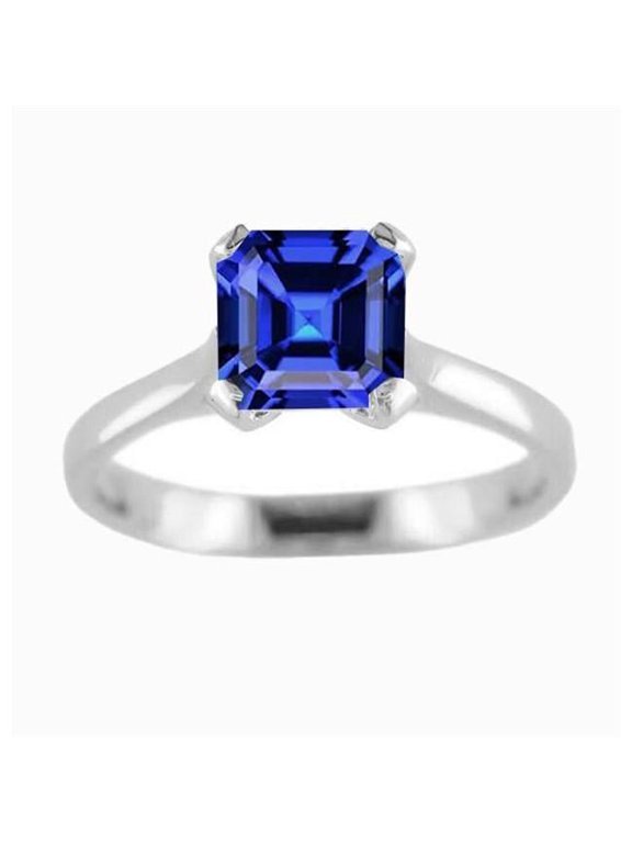 Enterprises 68737 2 CT White Gold Blue Sapphire Asscher Cut Solitaire Ring, Size 6.5