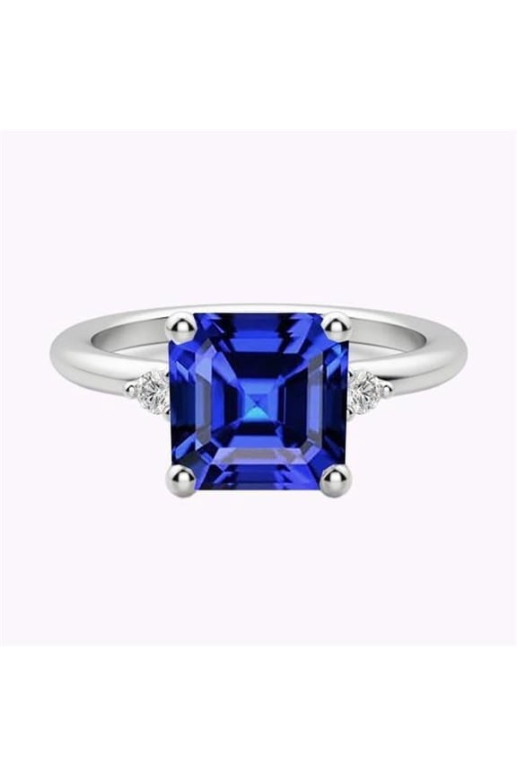 Enterprises 68749 2.75 CT Small Round Diamond 3 Stone Blue Asscher Cut Sapphire Ring, Size 6.5