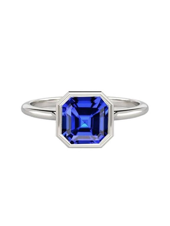 Enterprises 68758 2 CT White Gold Asscher Bezel Set Blue Sapphire Solitaire Ring, Size 6.5