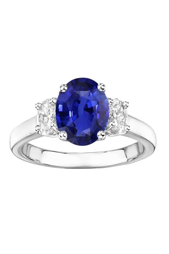 Enterprises 68814 5 CT Oval Diamond 3 Stone White Gold Ceylon Sapphire Gemstone Ring, Size 6.5