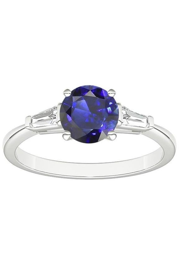 Enterprises 68829 Ceylon Sapphire 3 Stone 2.50 CT Bar Set Baguette Diamonds Ring, Size 6.5
