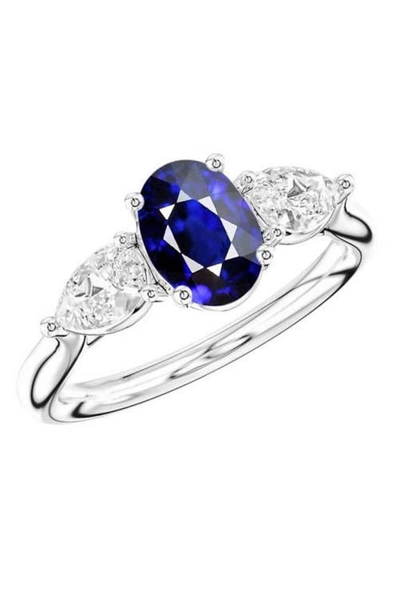 Enterprises 68872 3 CT Three Stone Oval Deep Blue Sapphire & Pear Diamonds Ring, Size 6.5