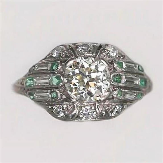 Harry Chad Enterprises 69060 3.25 CT Round Old Mine Cut Baguette & Green Sapphire Diamond Ring, Size 6.5