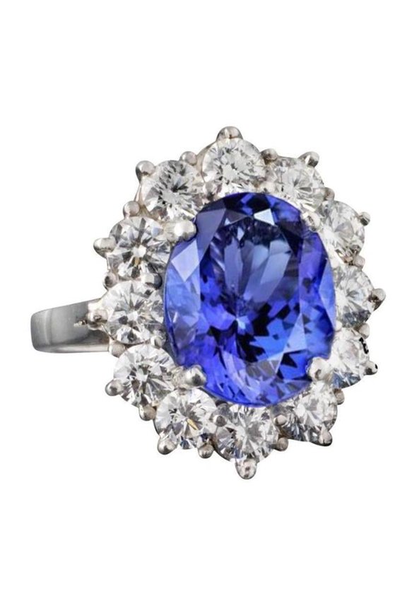 Enterprises 8519 Sparkling 6 CT Oval AAA Tanzanite & Round Diamonds Ring, Size 6.5