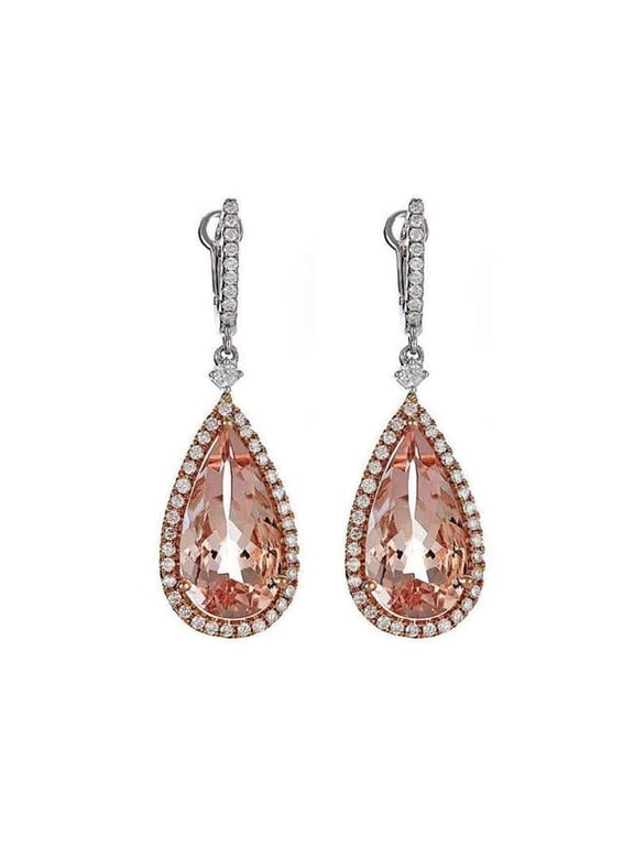 Enterprises HC12189 8.99 CT Dangle Earrings with Morganite Stone & White Diamonds - 18K White Gold
