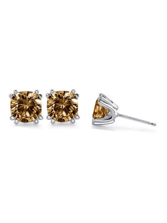 Enterprises HC12324 2 CT Cognac Cushion Stud Cut Diamond Earring - 14K White Gold