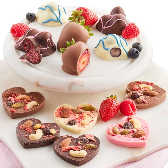 Harry & David Belgian Chocolate-Dipped Fruit Medley And Heart Mendiants - Premium Chocolate-Covered Fruit & Hazelnut Hearts, 9 Oz