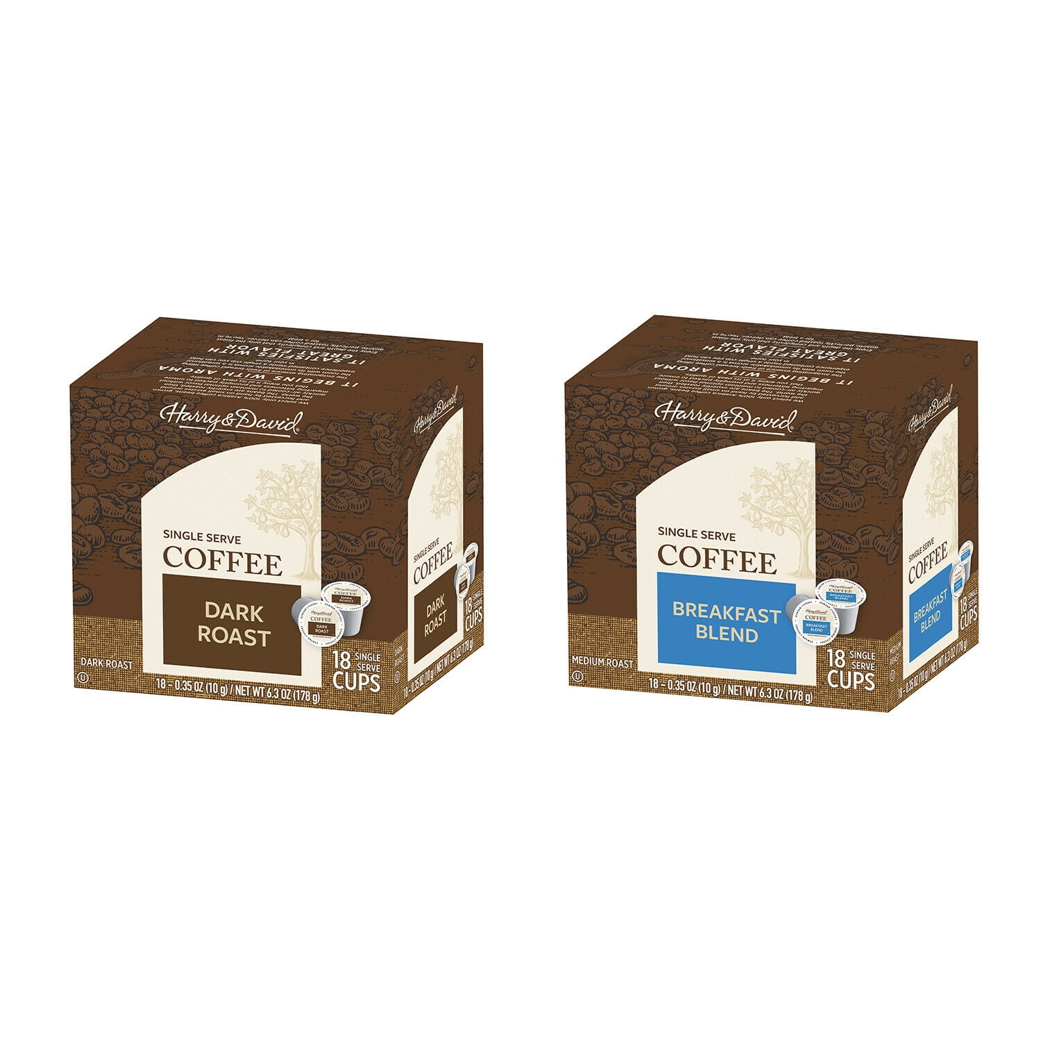 Harry \u0026 David Coffee Combo, Dark Roast, Breakfast Blend 2/18 ct boxes