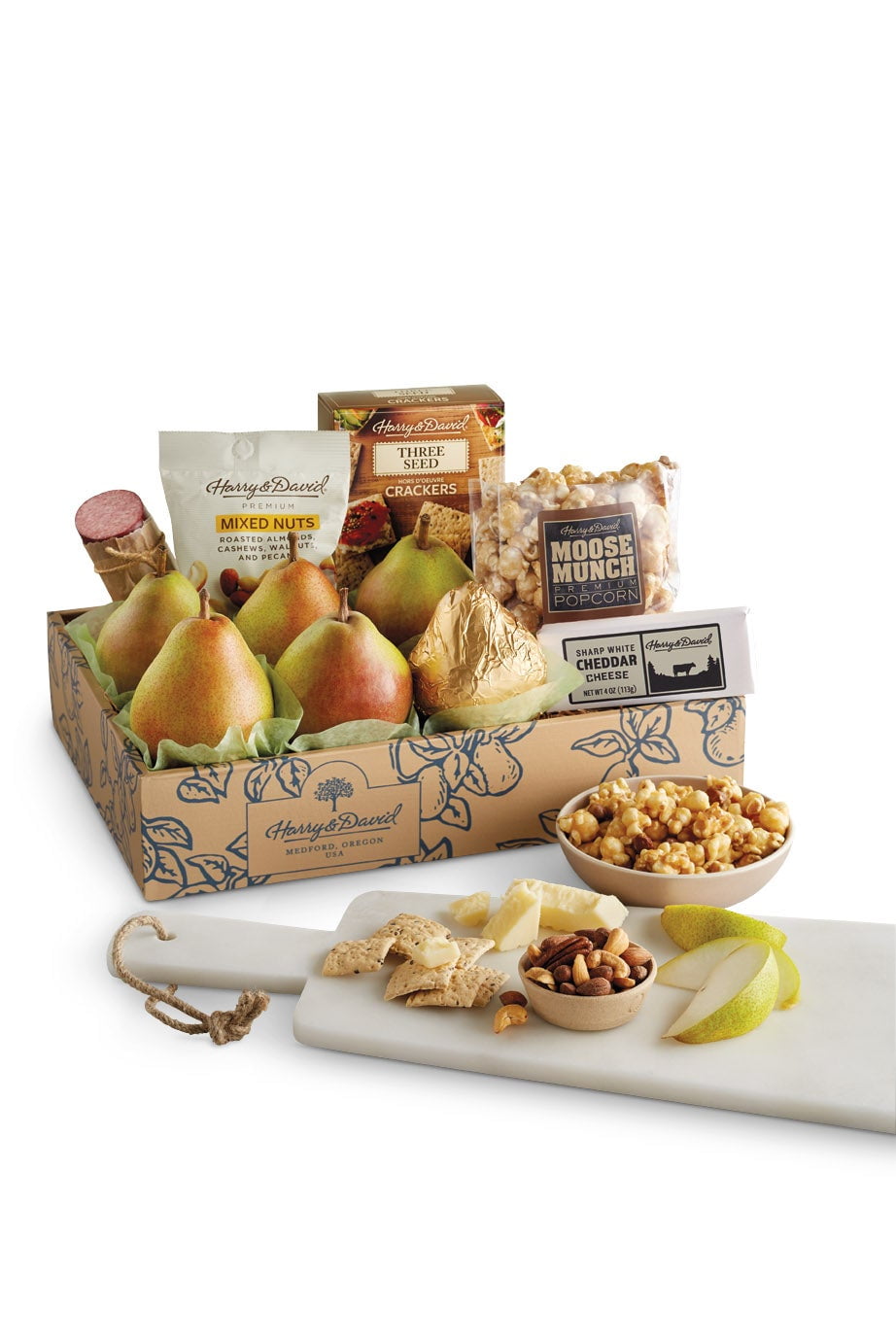 Harry & David Harry's Gift Basket, All Occasions, Birthday, Holiday, Corporate, Food Gift Basket For Men And Women With 6 Pears, Popcorn, Cheese, Mixed Nuts, Sausage & 3 Seed Crackers