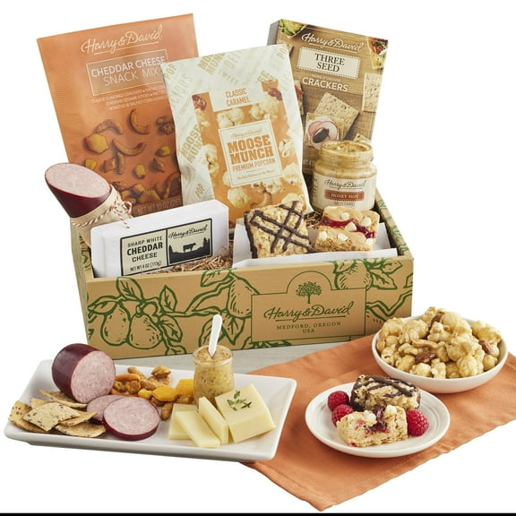 Harry & David Gourmet Snacks Gift Box, Food Gift Basket, Sweet And Salty Snacks, Includes Popcorn, Sausage, Cheese, Crackers, Care Package, Gift Basket For All Occasions Family, Friends, Loved Ones
