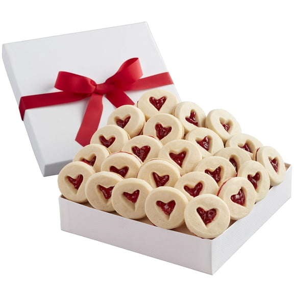 Harry & David Heart-Cutout Valentine's Day Shortbread Cookies Gift Box, 24 Raspberry Shortbread Cookies, Buttery Cookie Gift, Valentine Dessert Treats, White Box With Red Ribbon, 1 Lb 2 Oz