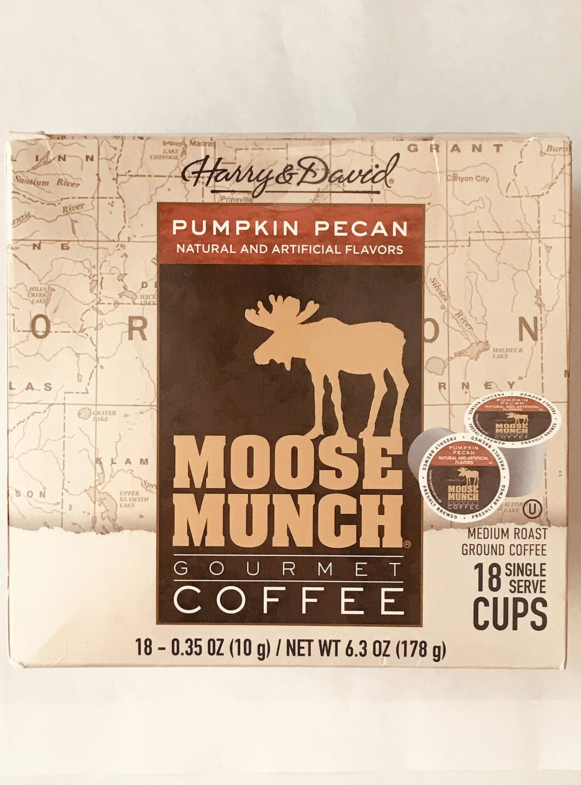 Harry & David Moose Munch Gourmet Coffee 18 Single Serve Cups Beverage Hot or cold (Pumpkin Pecan)
