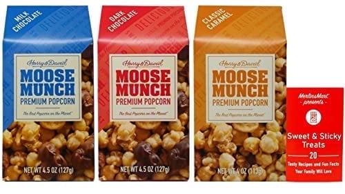 Harry & David Moose Munch Premium Popcorn 3 Flavor Variety (1) each: Dark Chocolate, Classic Caramel, Milk Chocolate (4-4.5 Ounces) + MerlinsMart Zine