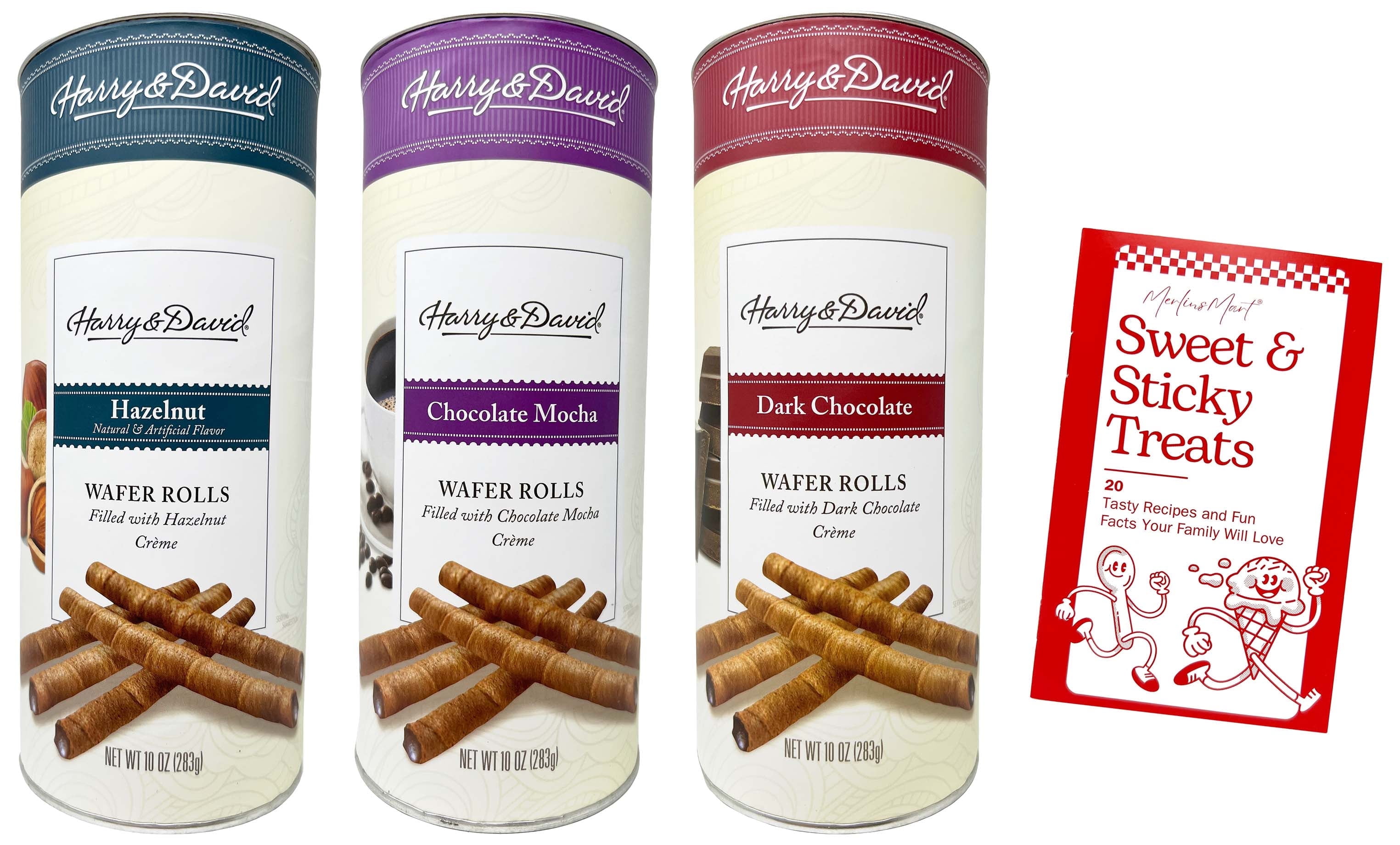 Harry & David Rolled Wafer Cookies - 3 flavors - 1 each: Hazelnut, Chocolate Mocha, Dark Chocolate (10 oz) + MerlinsMart Zine
