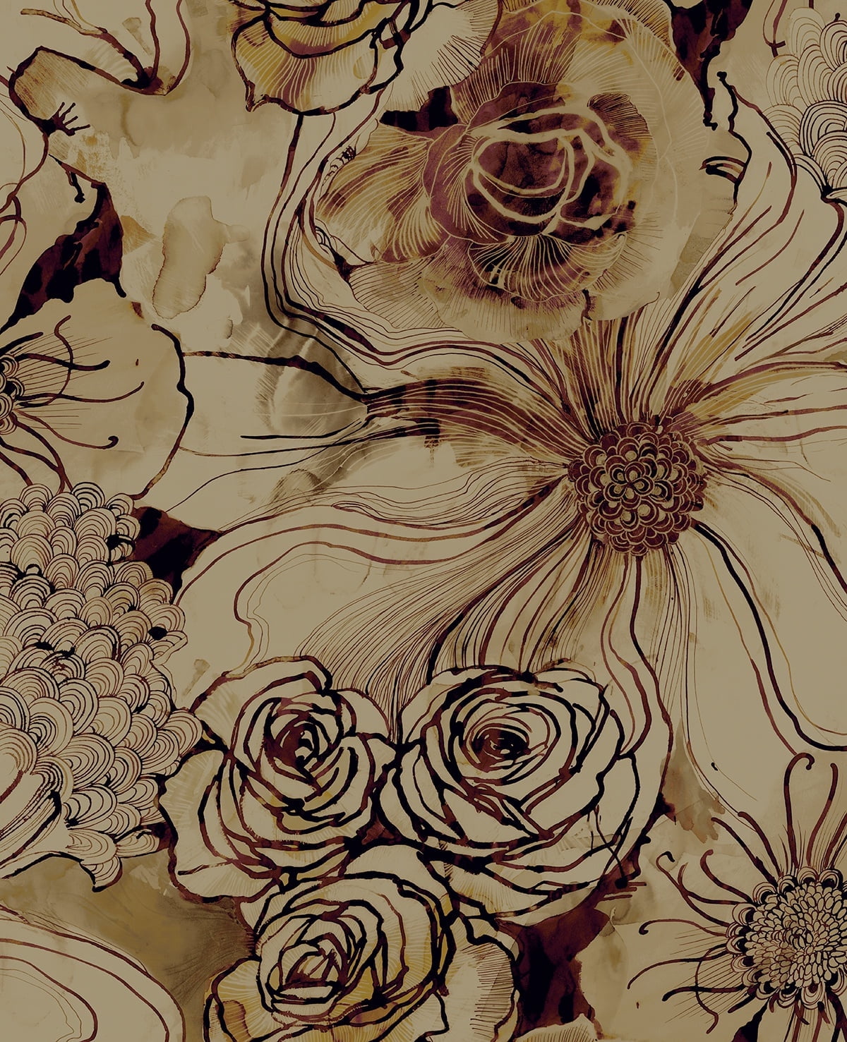 Harry & Grace Metallic Bronze & Wine Ink Rose Peel and Stick Wallpaper - 20.5 in. W x 18 ft. L Roll