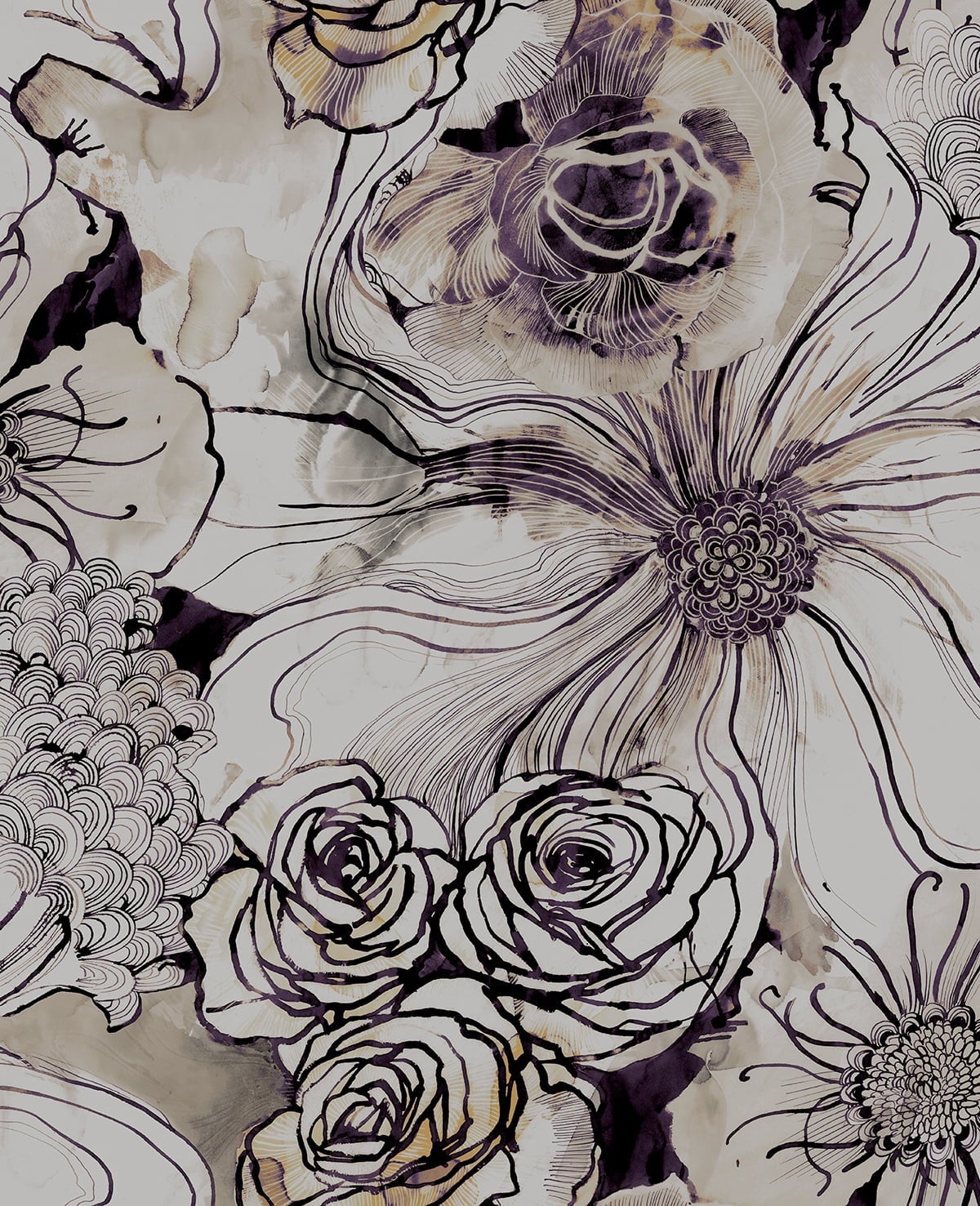 Harry & Grace Metallic Silver & Plum Ink Rose Peel and Stick Wallpaper - 20.5 in. W x 18 ft. L Roll