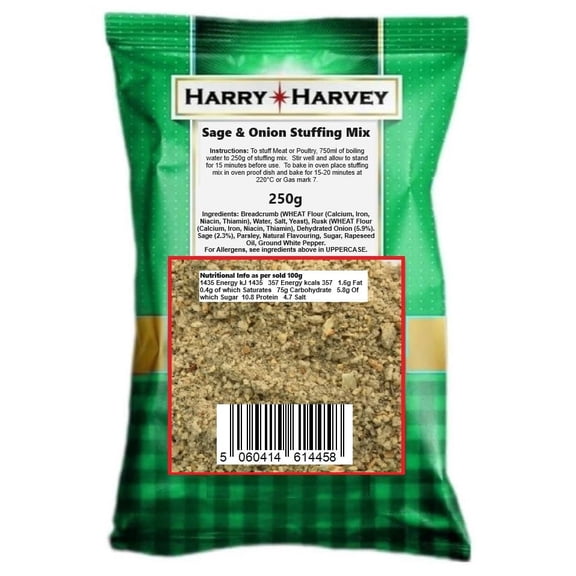 Harry Harvey Sage & Onion Stuffing Mix 250g | Traditional Sage and Onion Stuffing for Roasts, Chicken, Turkey & Vegetables | Easy Roast Dinner Side Mix