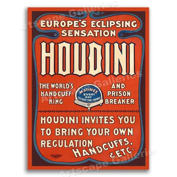 Harry Houdini Handcuff And Prison Escape 1900 Vintage Style Magic Poster Home Decor Office Wall Art