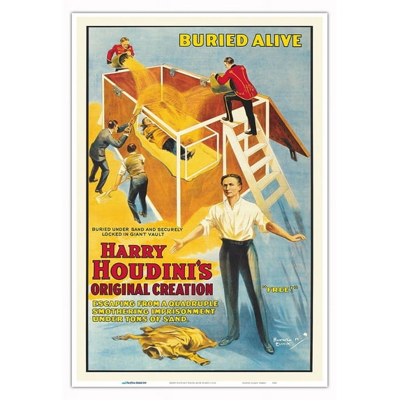 Harry Houdini’s Buried Alive Escape - Vintage Magic Poster c.1914 - Master Art Print (Unframed) 13in x 19in
