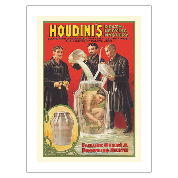 Harry Houdini’s Milk Can Escape - Death Defying Mystery - Vintage Magic Poster c.1908 - Fine Art Matte Paper Print (Unframed) 24x32in