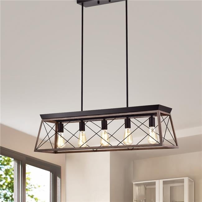 Antique Bronze 5-Light Linear Chandelier with Faux Wood Frame