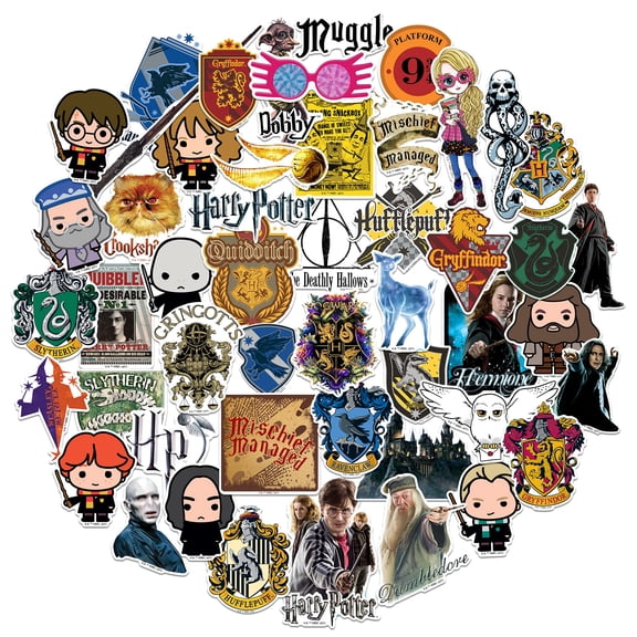 Harry Potter 50ct Vinyl Sticker Pack  Hogwarts Houses, Harry, Hermione, Ron, Dumbledore, Deathly Hallows Die-Cut Stickers for Laptop, Water Bottle, Scrapbooking, Tablet, Indoor & Outdoor