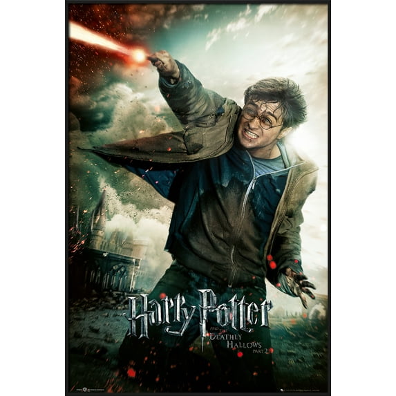 Harry Potter And The Deathly Hallows - Part 2 - Framed Movie Poster (Regular Style B - Harry With Wand) (Size: 25" X 37") (Black Aluminum Frame)