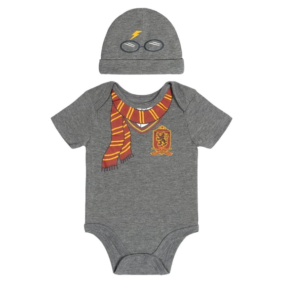 Harry Potter Baby Boy or Girl 2-Piece Cosplay Bodysuit and Hat Set Grey