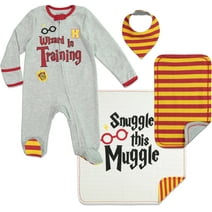 Harry Potter Baby Boys 4 Piece Outfit Set: Sleep N' Play Coverall Bib Blanket Burp Cloth 6-9 Months