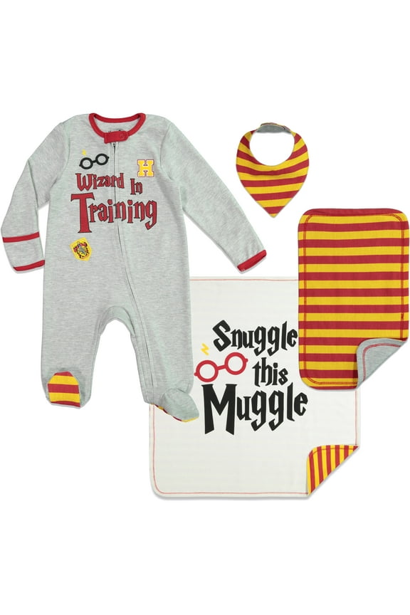 Baby Boys 4 Piece Outfit Set: Sleep N' Play Coverall Bib Blanket Burp Cloth 6-9 Months