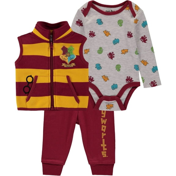 Harry Potter Baby Boys Clothing 3-Piece Set with Bodysuit, Pants, and Fleece Vest - Baby Boy Clothes Grey/Red/Yellow, 18M