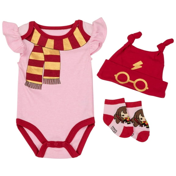 Harry Potter Baby Girls' Bodysuit, Knotted Cap & Socks Gift Set Pink/Red/Yellow, 6-9 Months