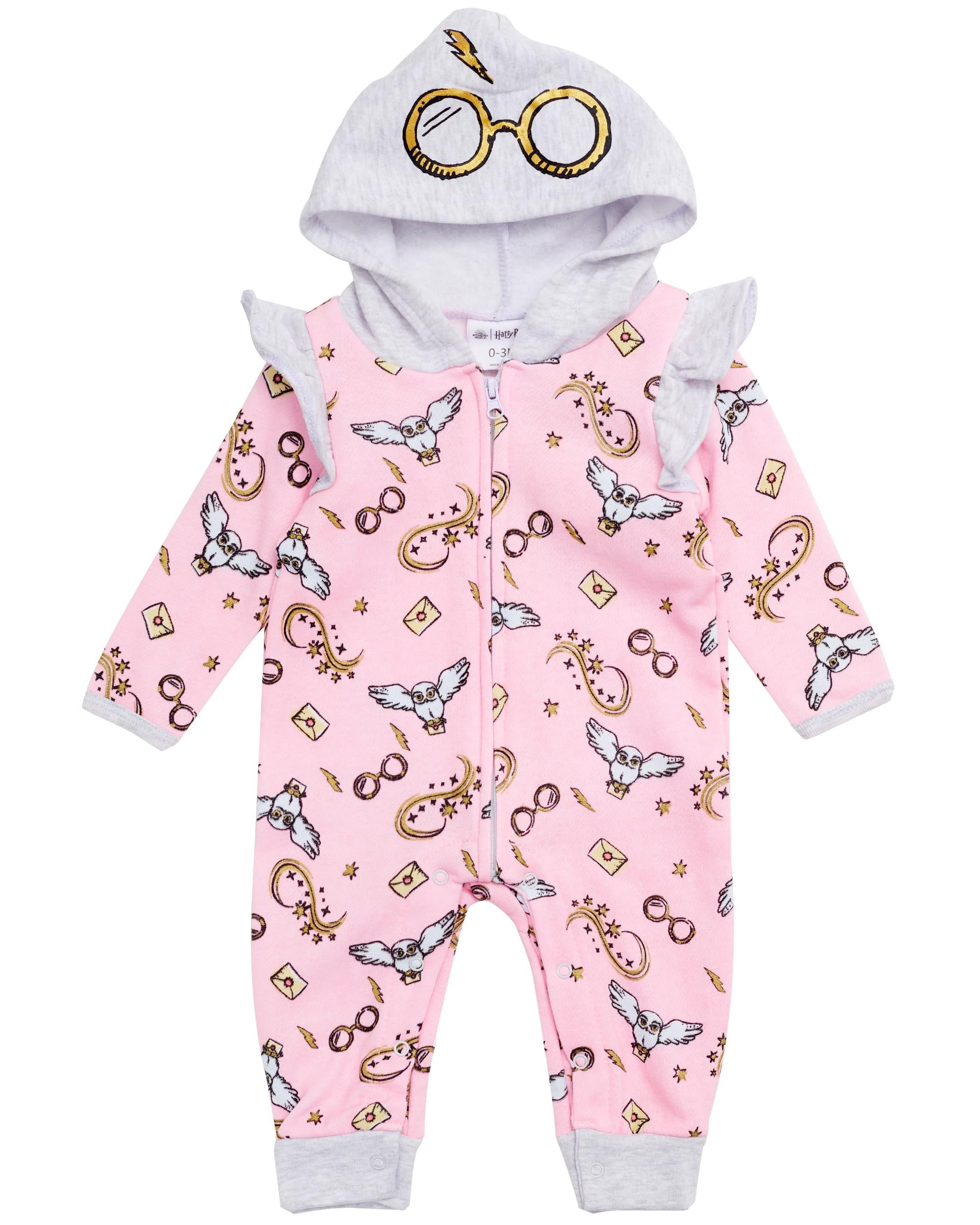 Harry Potter Baby Girls Hooded Bodysuit - Sweatshirt Fleece Zip Up One Piece Baby Clothes Pink/Grey, 6-9M