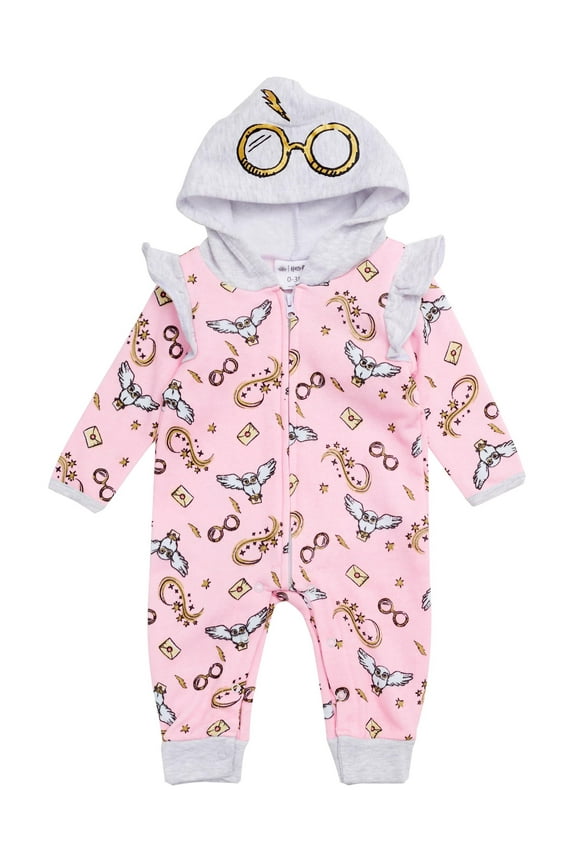 Baby Girls Hooded Bodysuit - Sweatshirt Fleece Zip Up One Piece Newborn Outfit Pink/Grey, 0-3M