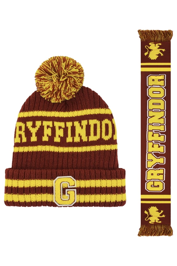 Beanie Hat and Scarf Set, Hogwarts Collegiate Winter Knit Cap with Cuff and Pom, Gryffindor, One Size