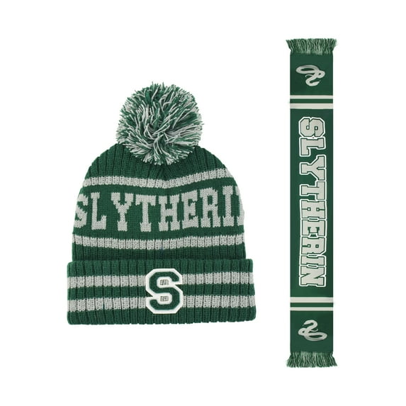 Harry Potter Beanie Hat and Scarf Set, Hogwarts Collegiate Winter Knit Cap with Cuff and Pom, SLYTHERIN, One Size