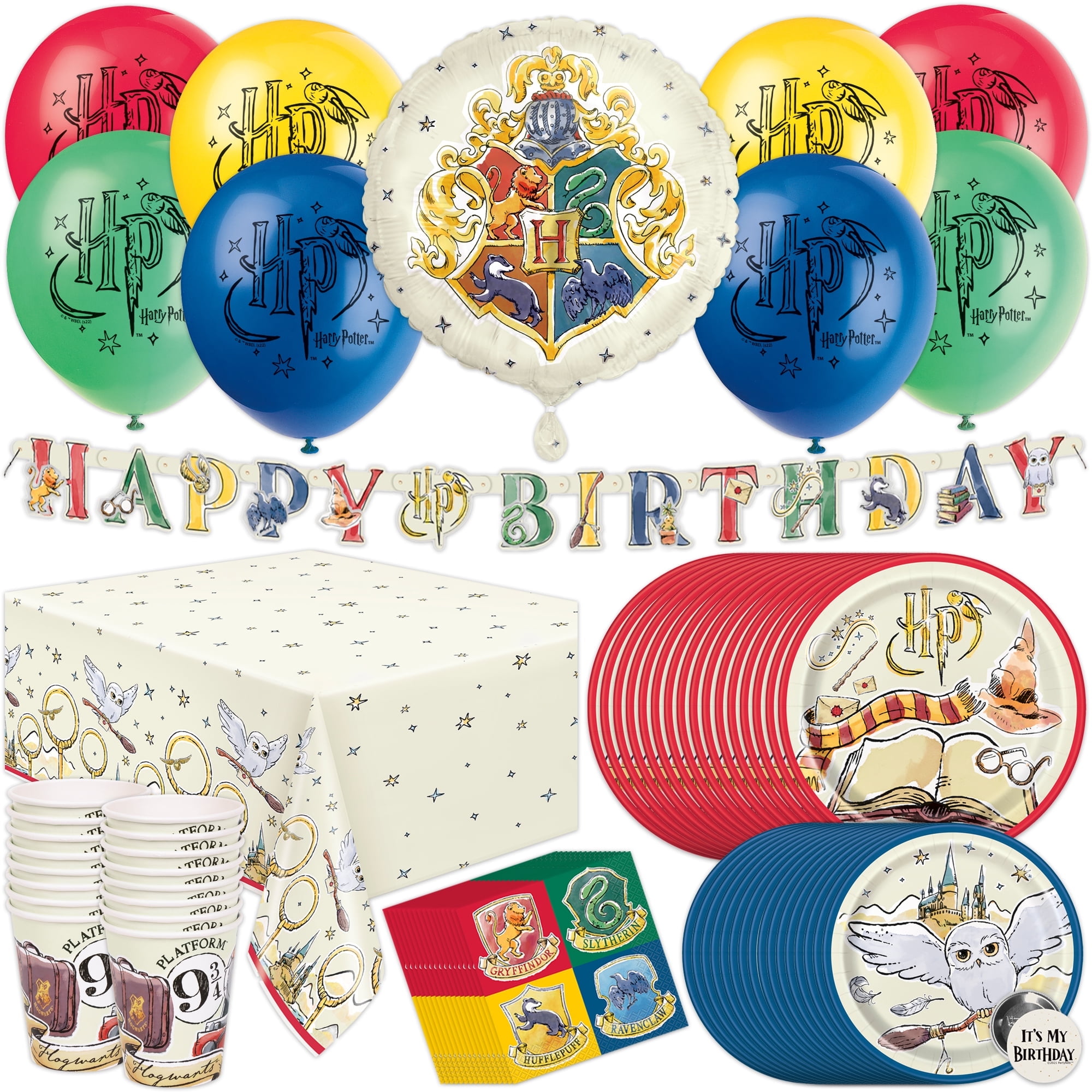 Harry Potter Birthday Decorations | 16 Guests | Party Tablecloth, Banner, Balloons, Plates, Cups, Napkins, Button