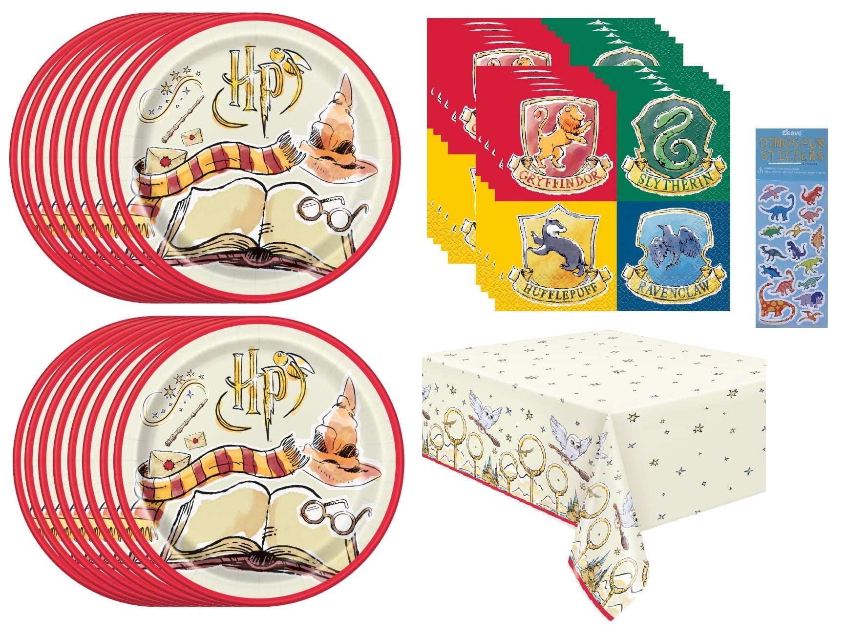 Harry Potter Birthday Party Supplies Bundle Pack includes 16 Lunch Plates, 16 Lunch Napkins, 1 Table Cover, 1 Esave Dinosaur Sticker Sheet (Bundle for 16)